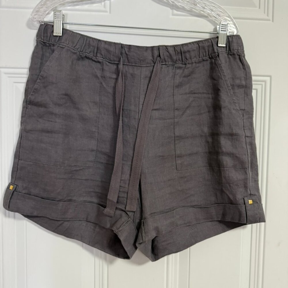 Ellen Tracy Linen Shorts Sz Medium Gray Drawstring Gold Hardware Cuffed Coastal - Picture 4 of 5